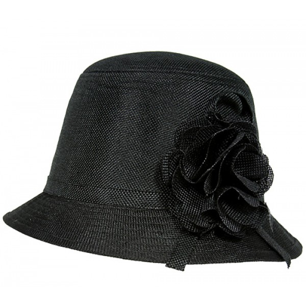 Straw Bucket Hats w/ Flower - Black - HT-HT2332BK